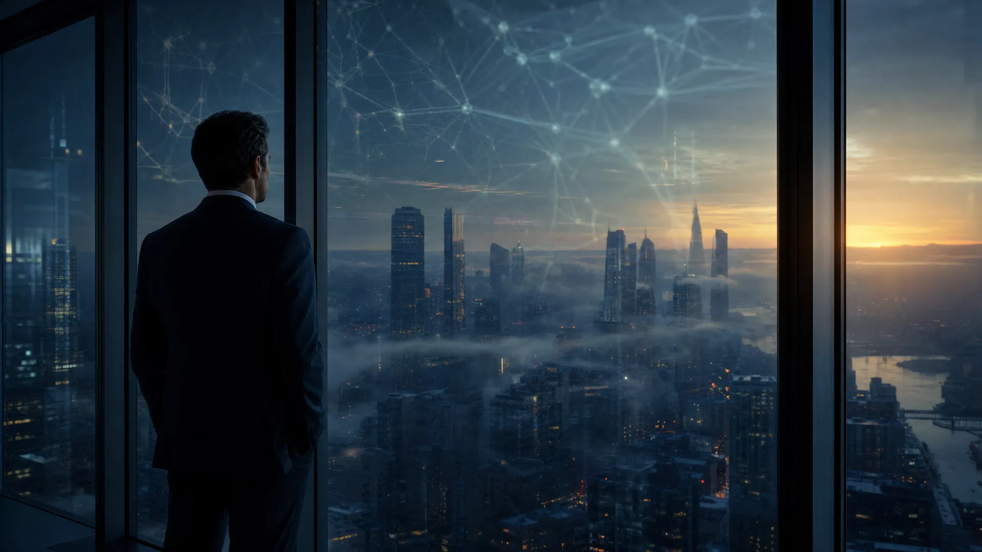 Executive figure at dawn looking over a misty city skyline with neural network reflections — strategic optimism and neuroscience of performance
