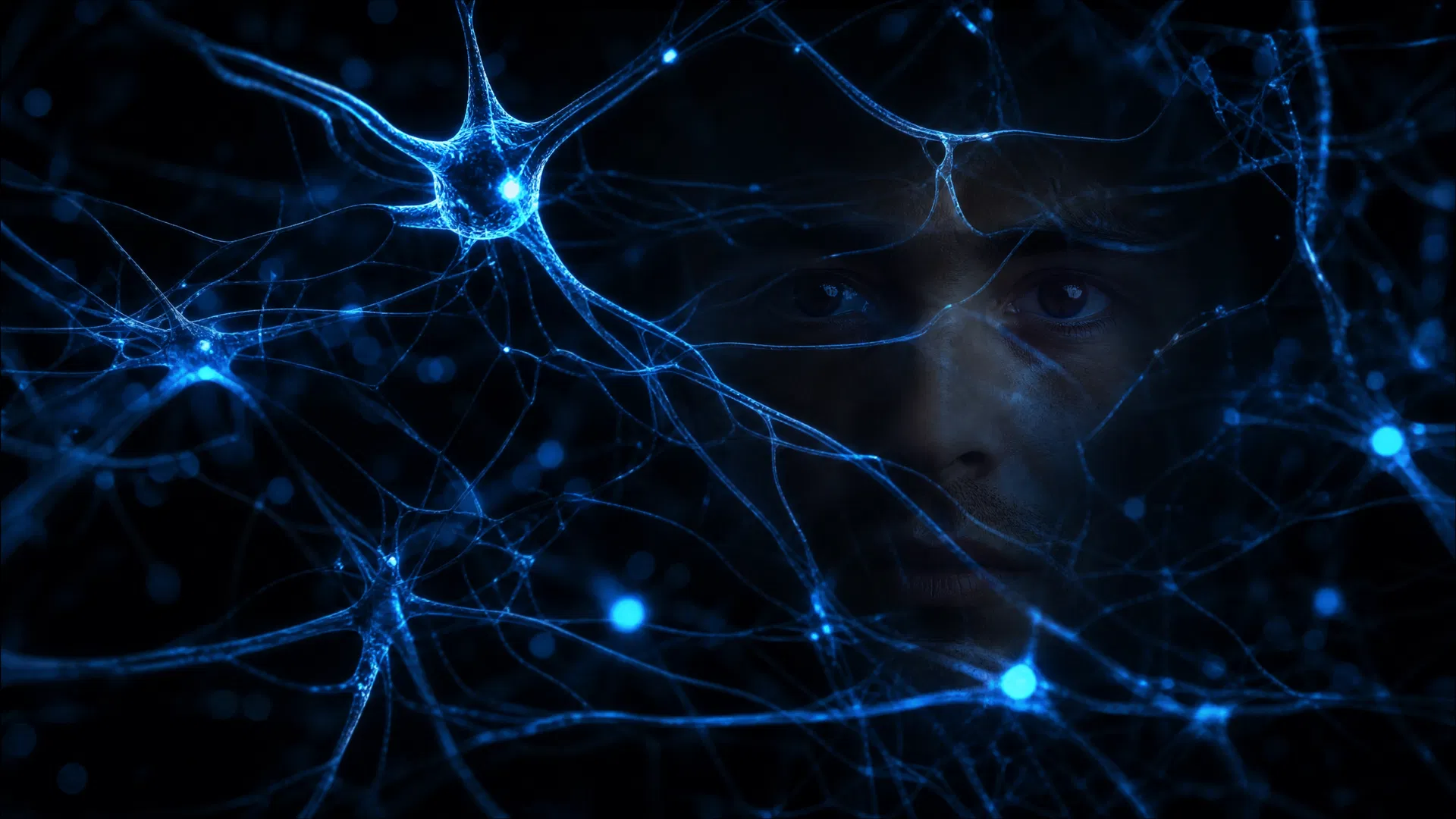 Neural network filaments with a human face visible through the lattice — representing self-awareness and neuroscience