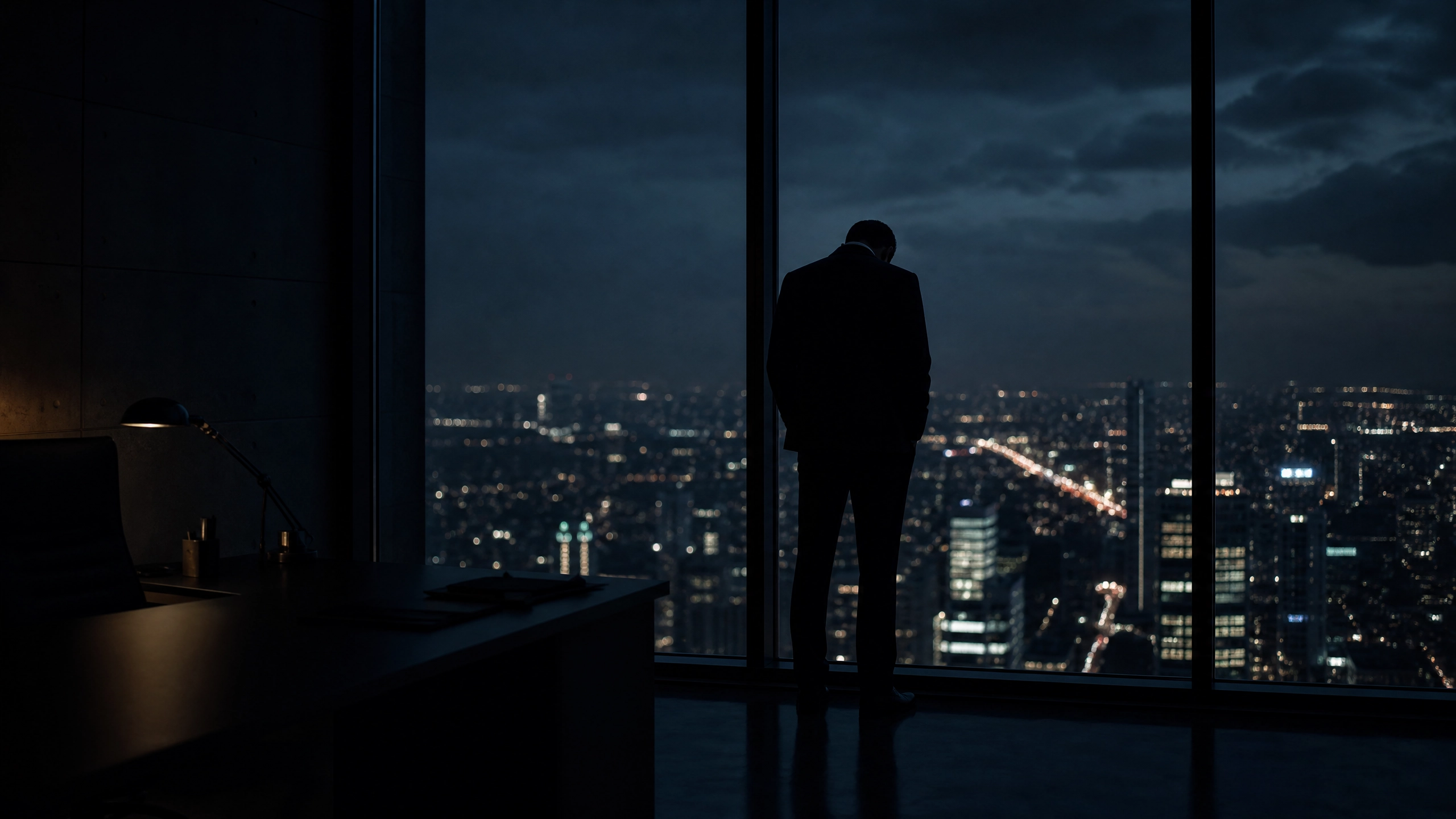 Executive silhouetted against a dark city skyline at night, standing at a high-rise window under invisible weight