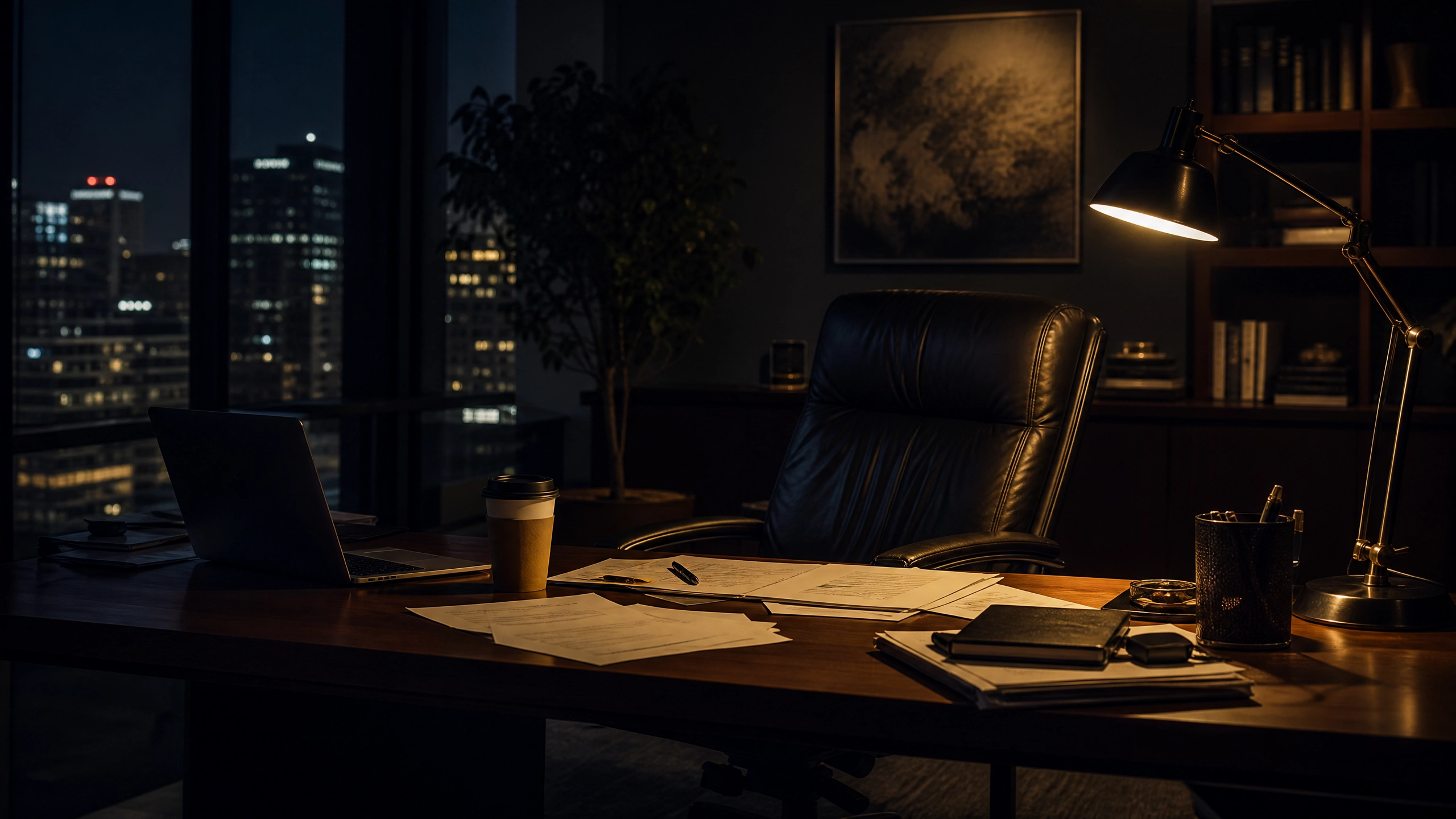 Empty executive desk at night with single desk lamp, city lights in background