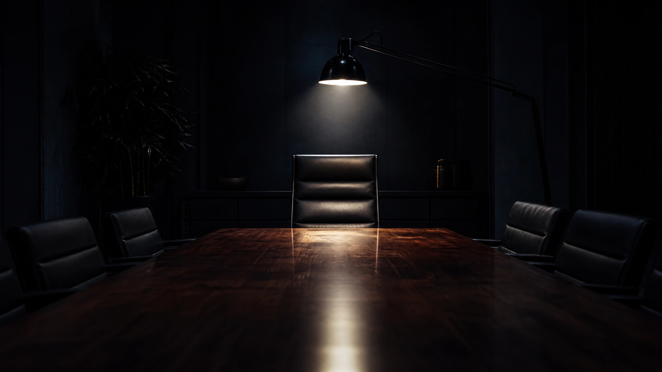 Single executive chair illuminated by a spotlight at the head of a dark conference table