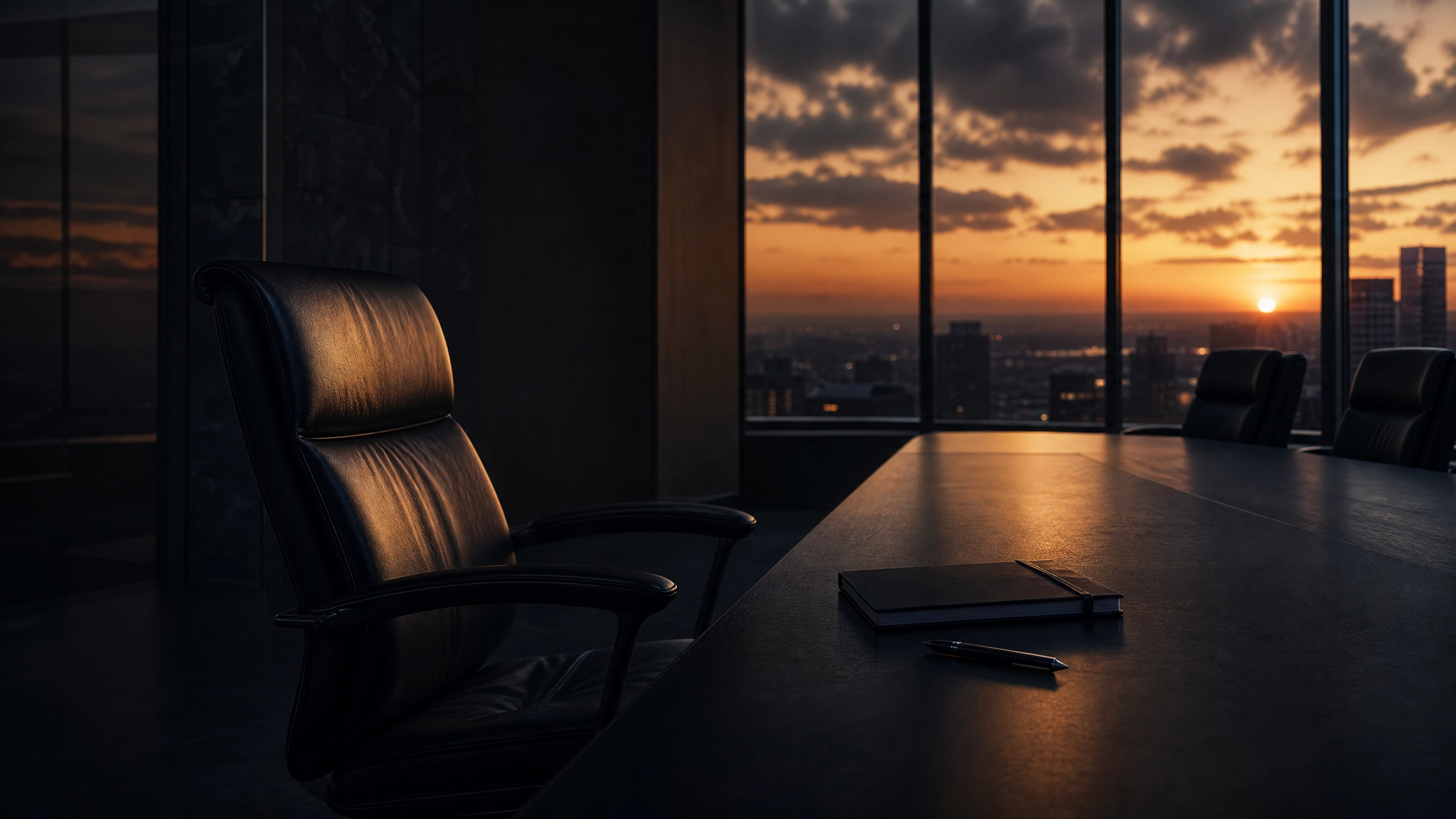 Empty executive boardroom at dusk with a single leather chair and closed notebook on a dark table