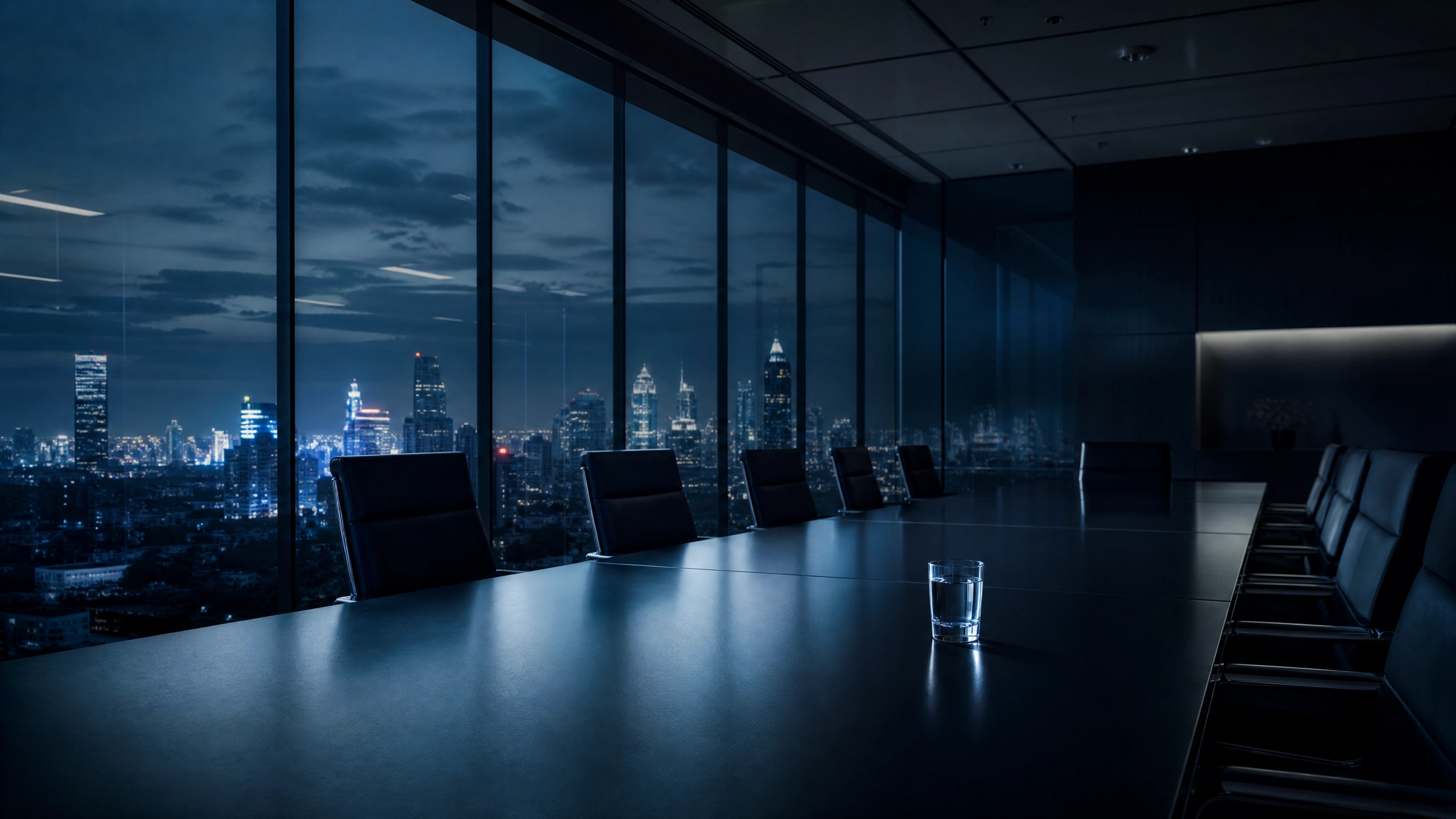 Empty corporate boardroom at night with city skyline visible through floor-to-ceiling windows