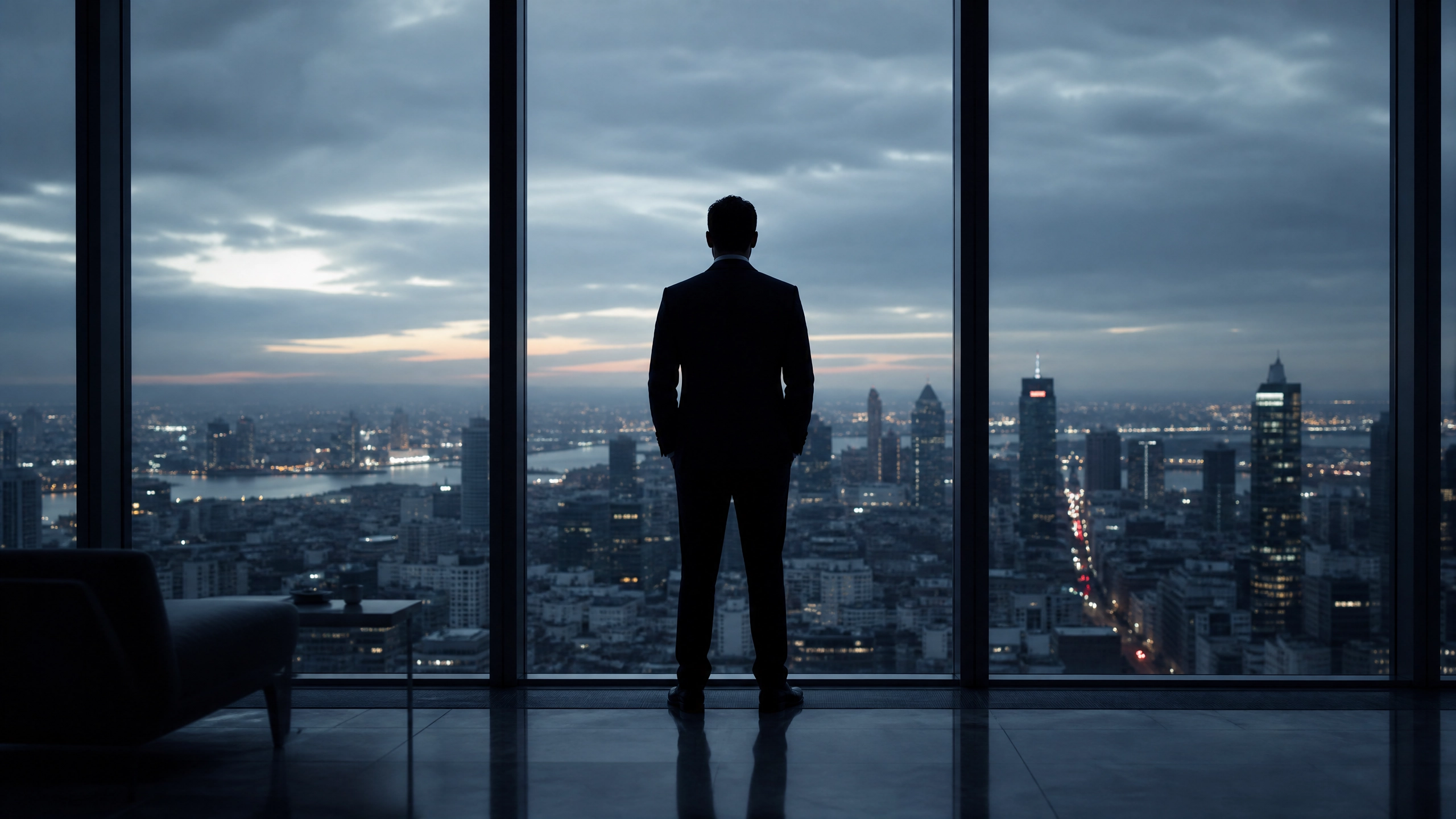 Executive silhouette at glass office window overlooking city at dusk