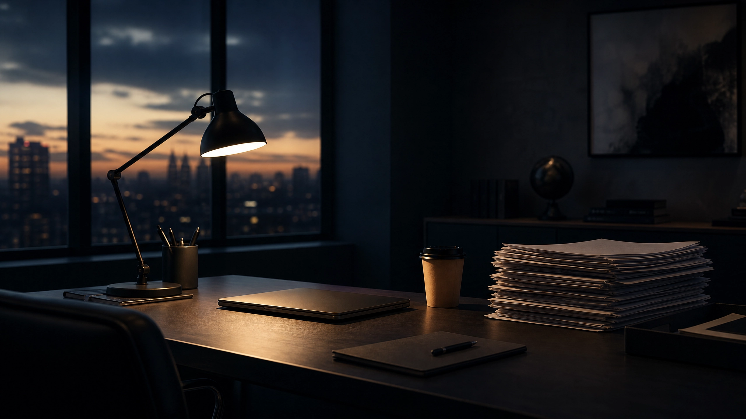 Dark minimalist office at dusk with desk lamp casting amber light over closed laptop and papers