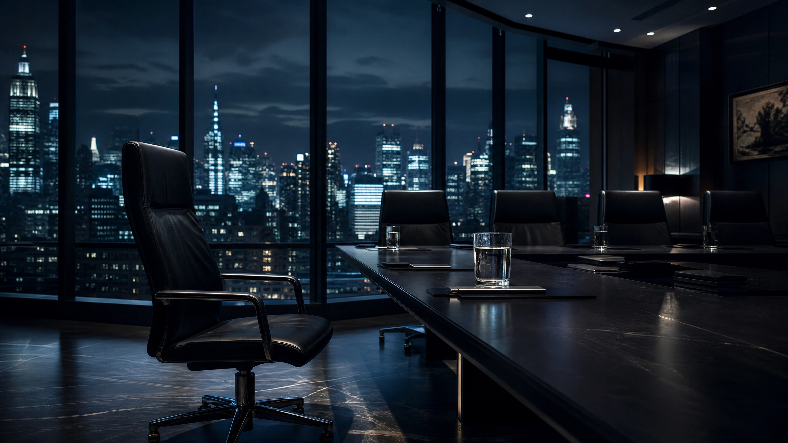 Empty executive boardroom at night with city skyline through floor-to-ceiling windows