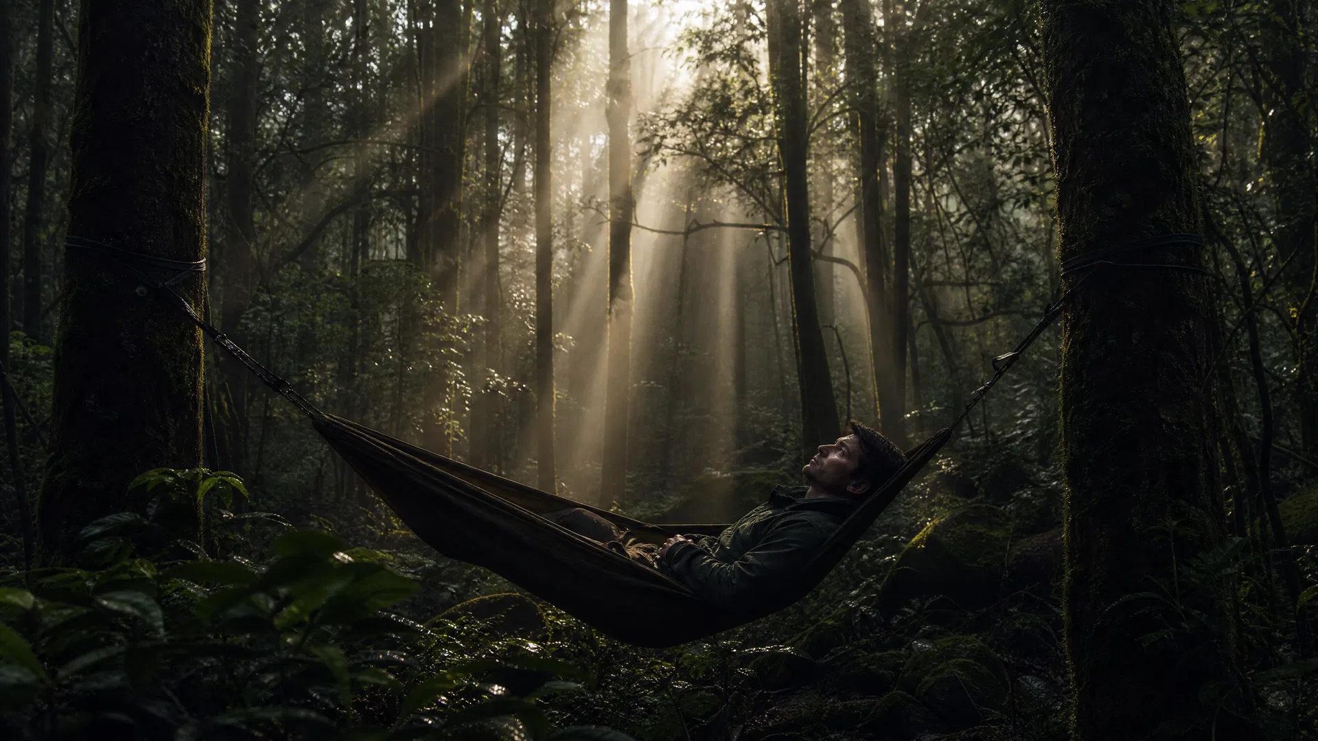 Person lying in a hammock in a misty forest at dawn, eyes open, shafts of light filtering through the canopy