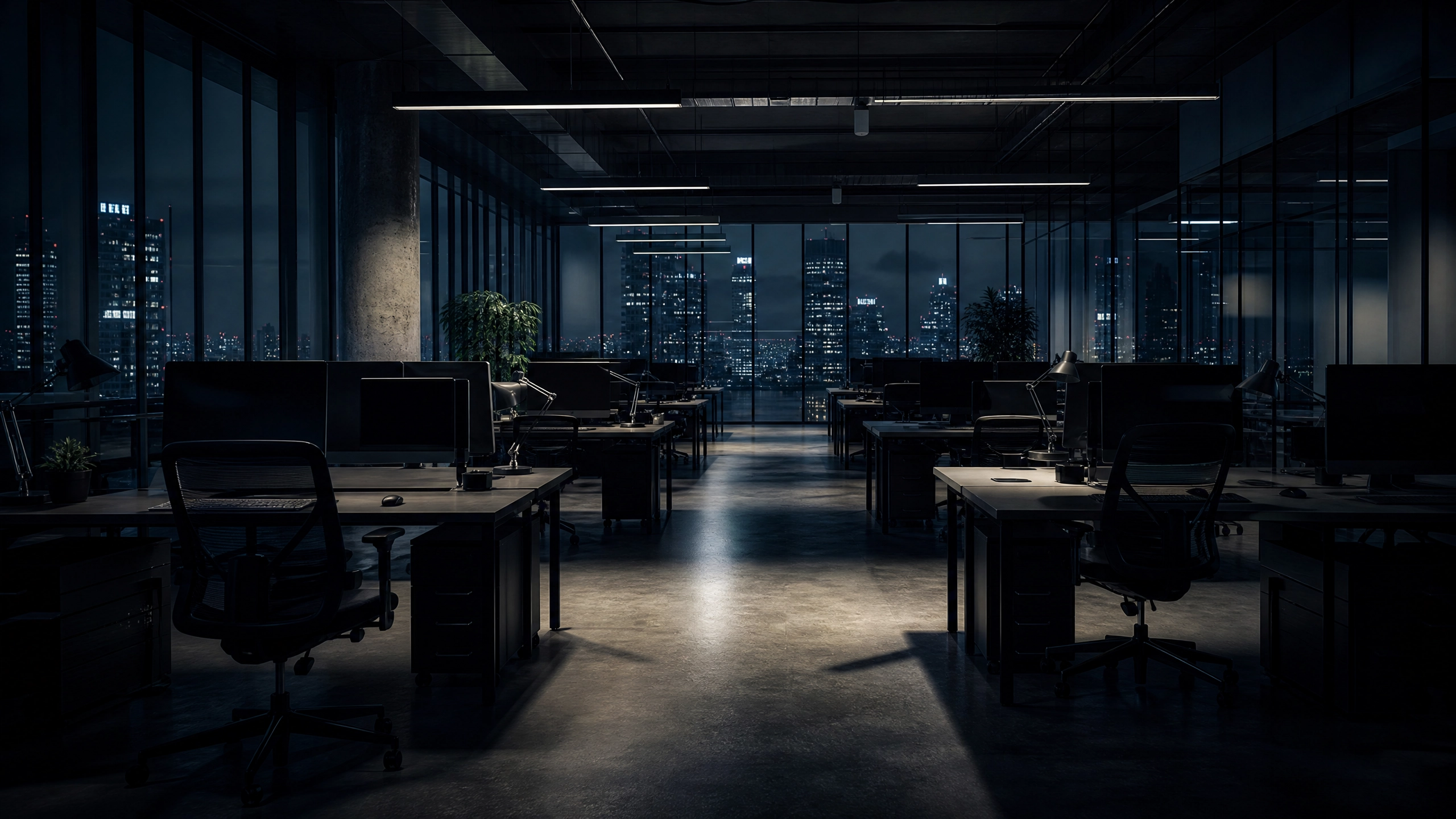 Wide-angle view of a modern open-plan office completely empty at night with city skyline through glass walls