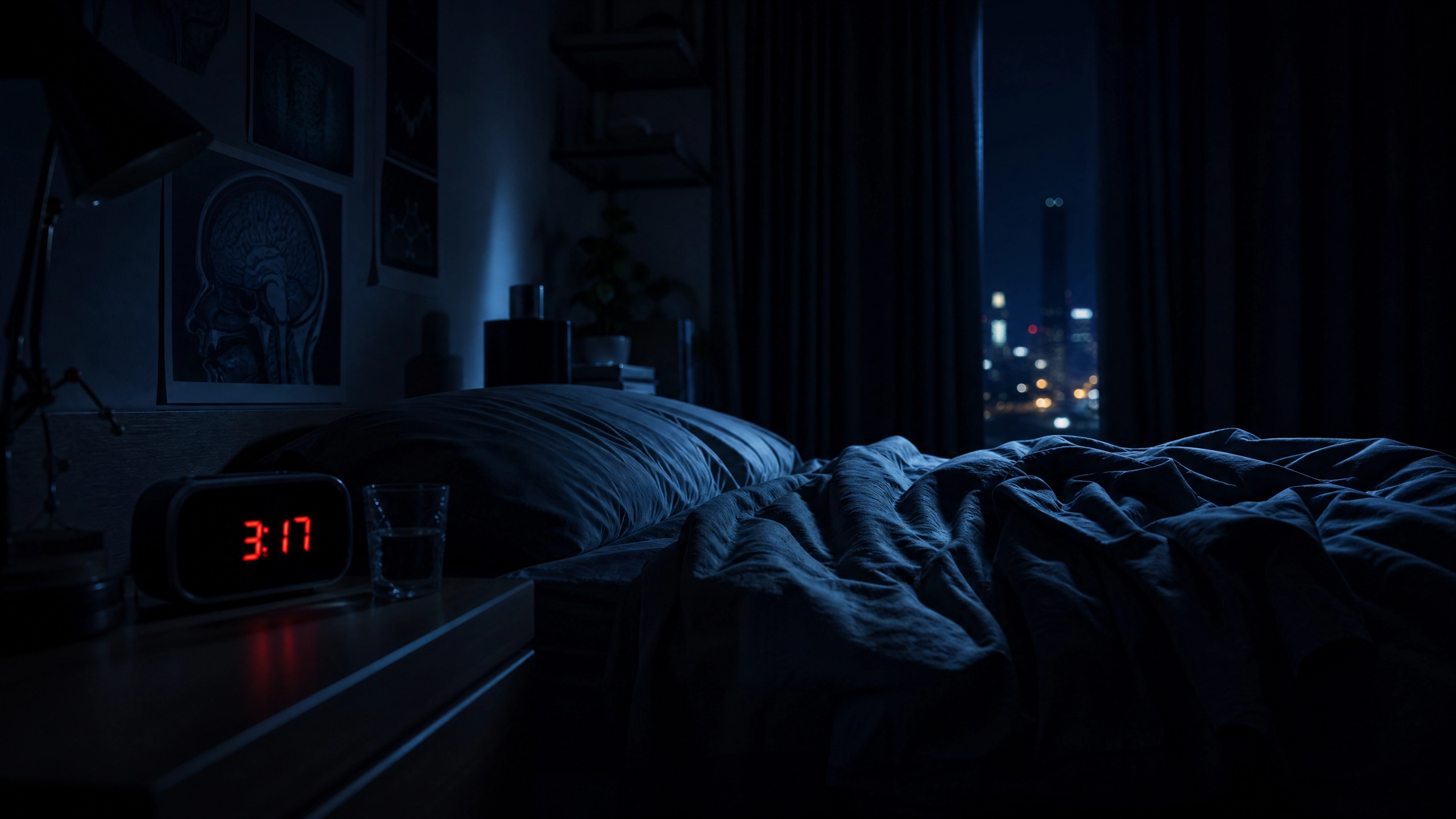 Dark bedroom at 3am with glowing red alarm clock and city lights through curtains