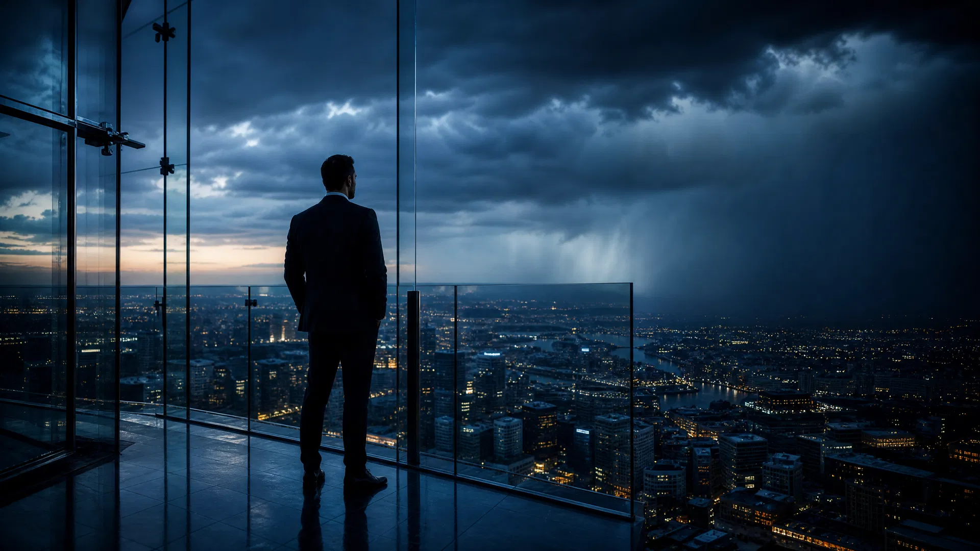 Executive standing at a glass skyscraper observation deck watching a storm approach