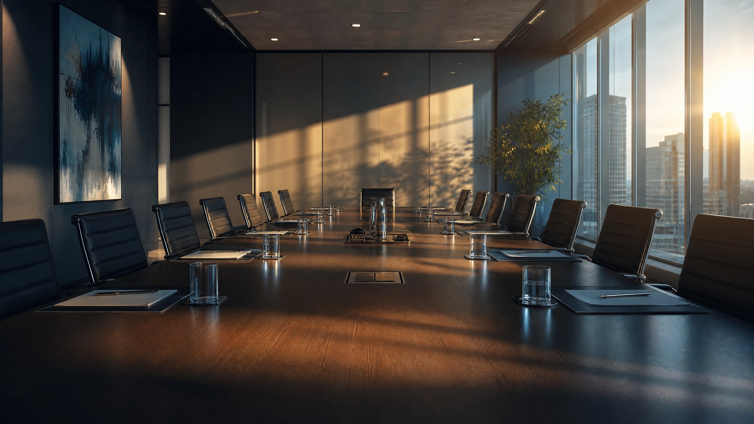 Empty boardroom with long conference table, afternoon light casting geometric shadows